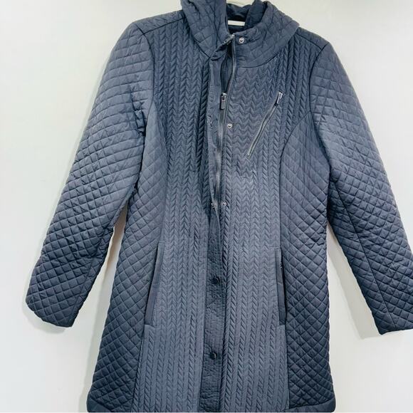 Liverpool Black Quilted Hooded Winter Coat Snap Zip Pockets Textured Size M - Picture 2 of 8